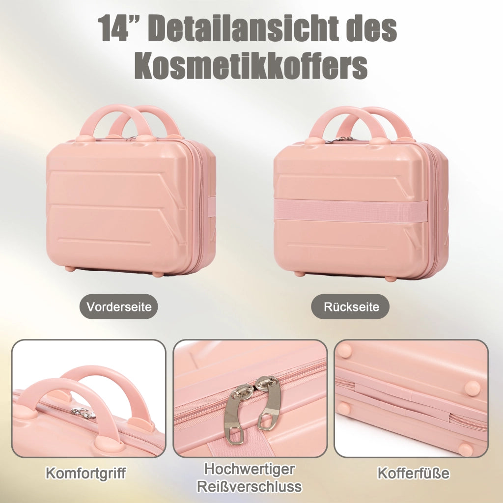 Set di valigie rigide 4 pezzi in ABS rosa con beauty case da 14 pollici e ruote doppie girevoli a 360°