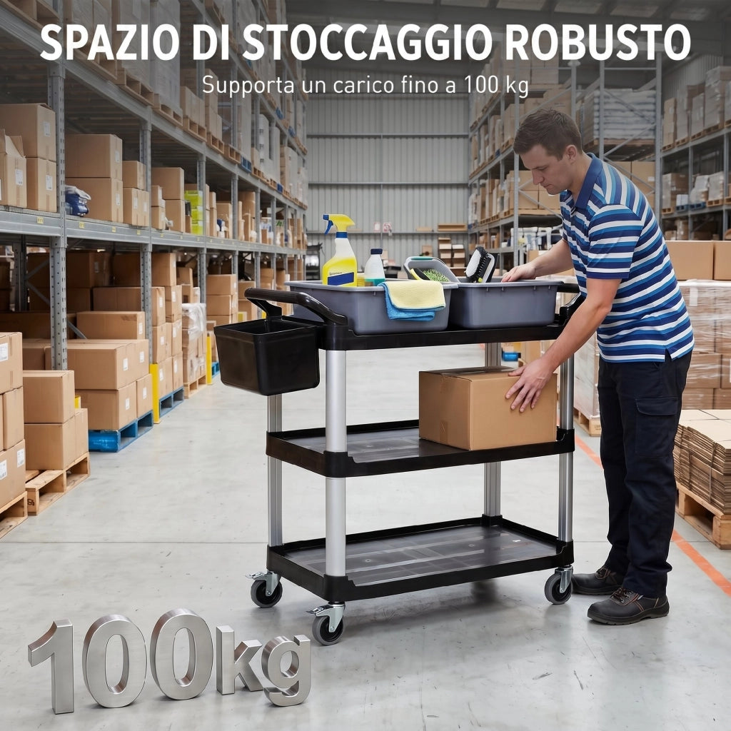 Carrello Pulizie Professionale 115x50x100 cm a 3 Ripiani con 2 Contenitori Rimovibili Bidone Laterale e 4 Ruote in PP