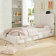 Letto singolo imbottito 90x200 cm con contenitore idraulico, rete a doghe, USB-C e rivestimento bouclé beige
