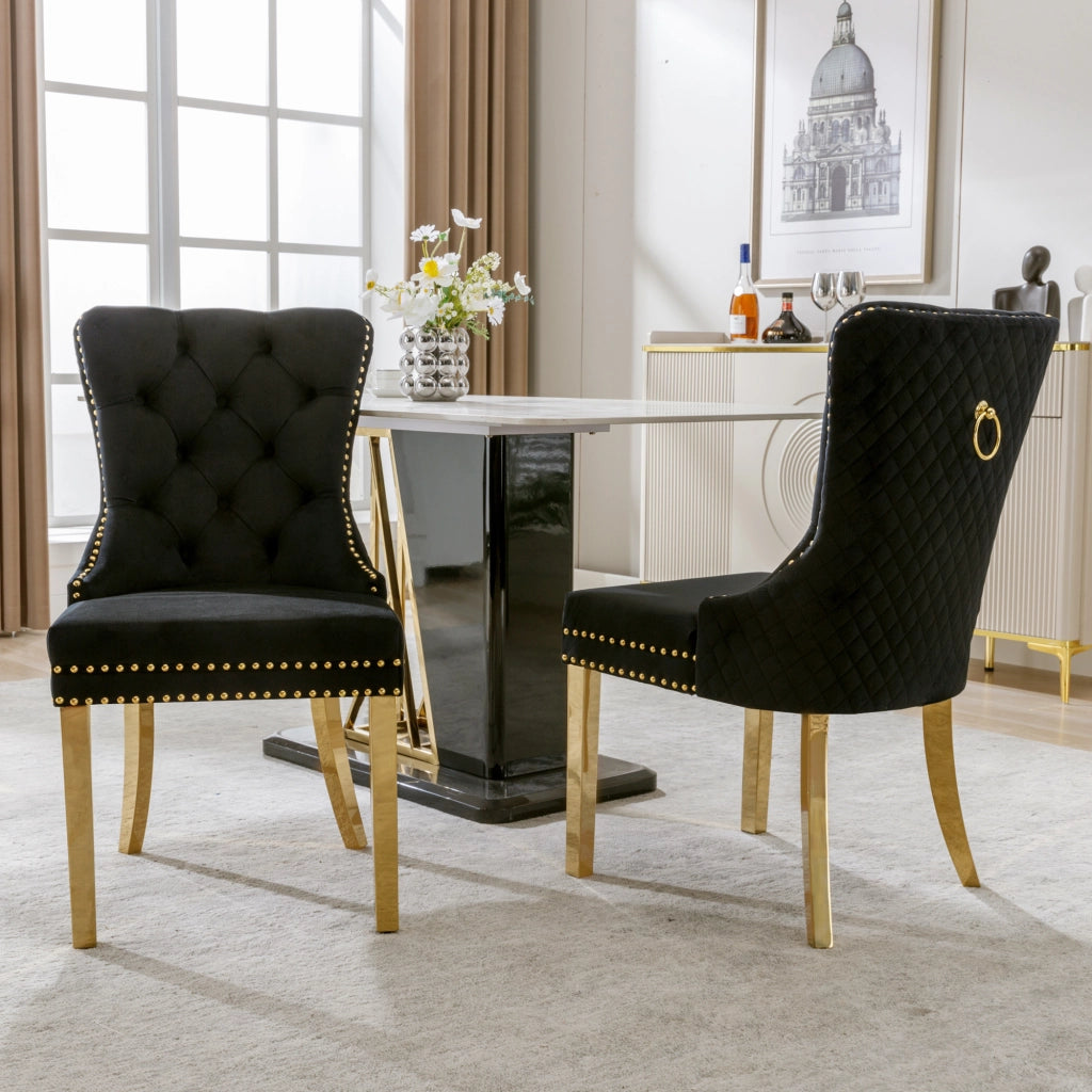 OKWISH Set di 2 Sedie da Pranzo con Anello sullo Schienale e Borchie Decorative, Gambe in Metallo Dorato, Velluto Nero