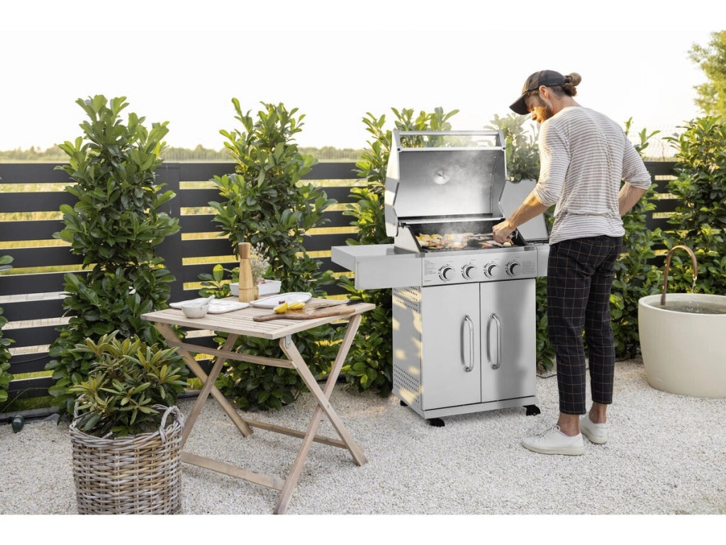 Barbecue a gas in acciaio inox con 5 bruciatori di cui 1 laterale "Brazzo" - 118 x 57 x 104 cm - Grigio chiaro