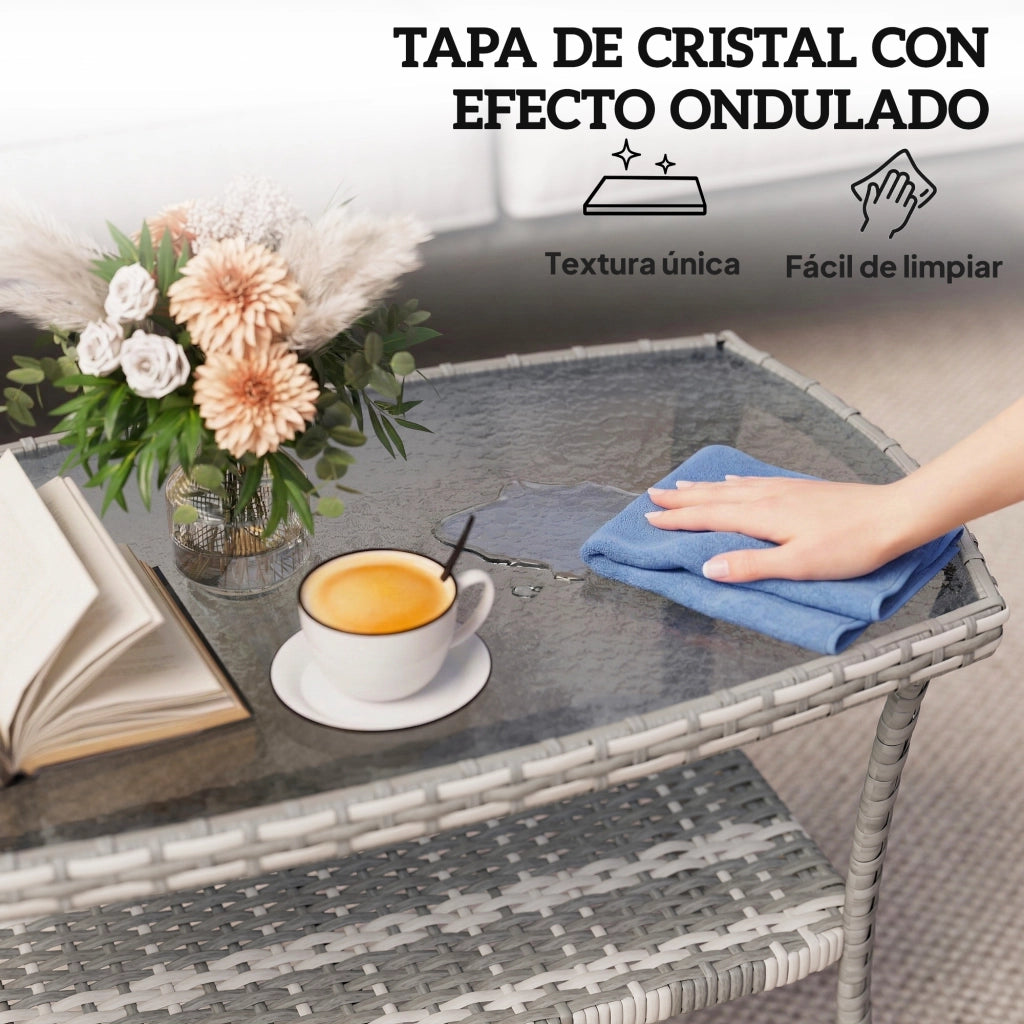 Tavolo da Giardino in Rattan con Piano in Vetro Temperato ¨C zephmum ¨C 90x50x45 cm Grigio Scuro