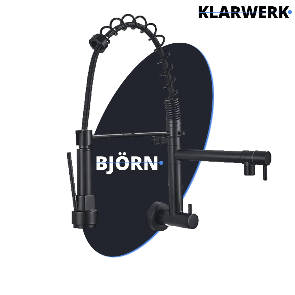 Björn | gastronomia rubinetto monoforo a parete per acqua fredda nero|rubinetto cucina professionale acciaio inox due docce|doppio lavello ristorante
