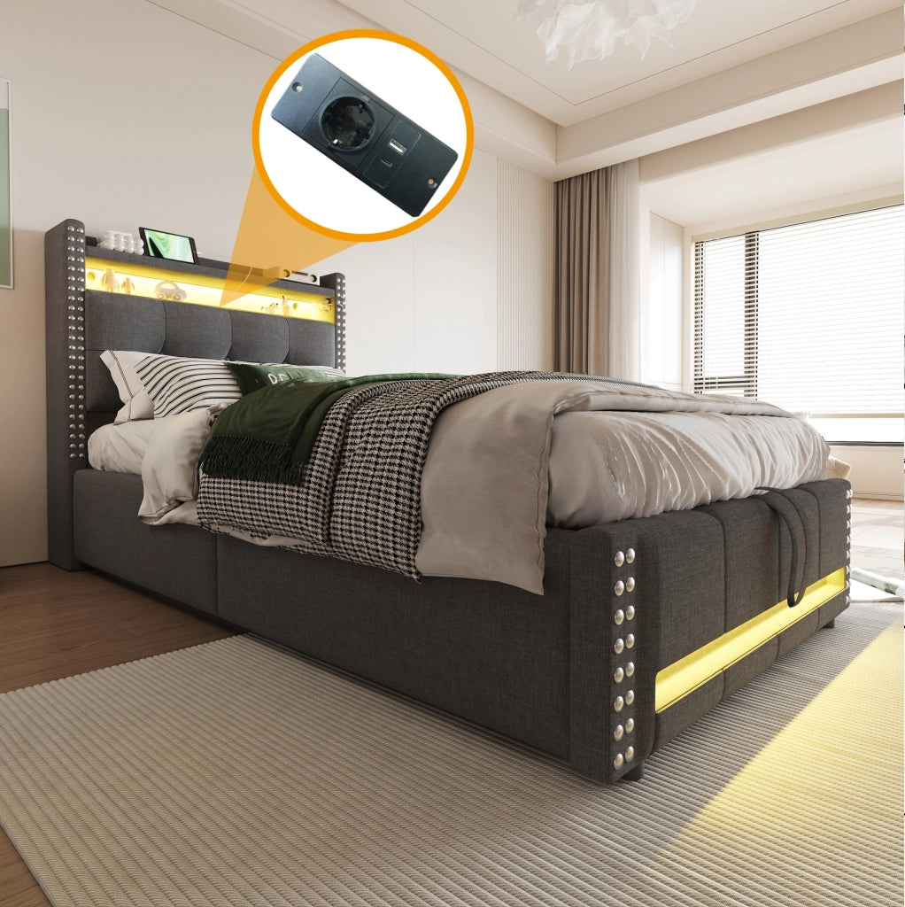 Letto imbottito singolo grigio 90 x 200 cm con LED, USB e contenitore