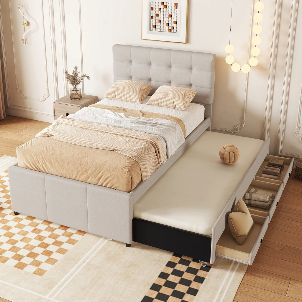 OKWISH Letto con Cassetti 90×200 cm, Letto Singolo con Letto estraibile, 3 Cassetti e Testiera Regolabile, senza Materasso, Beige