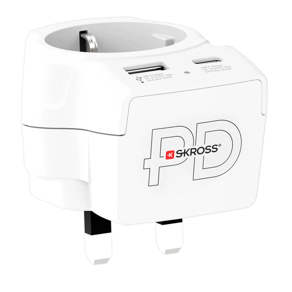 Adattatore da viaggio Regno Unito Tipo G con USB-A USB-C 20W Bianco Skross