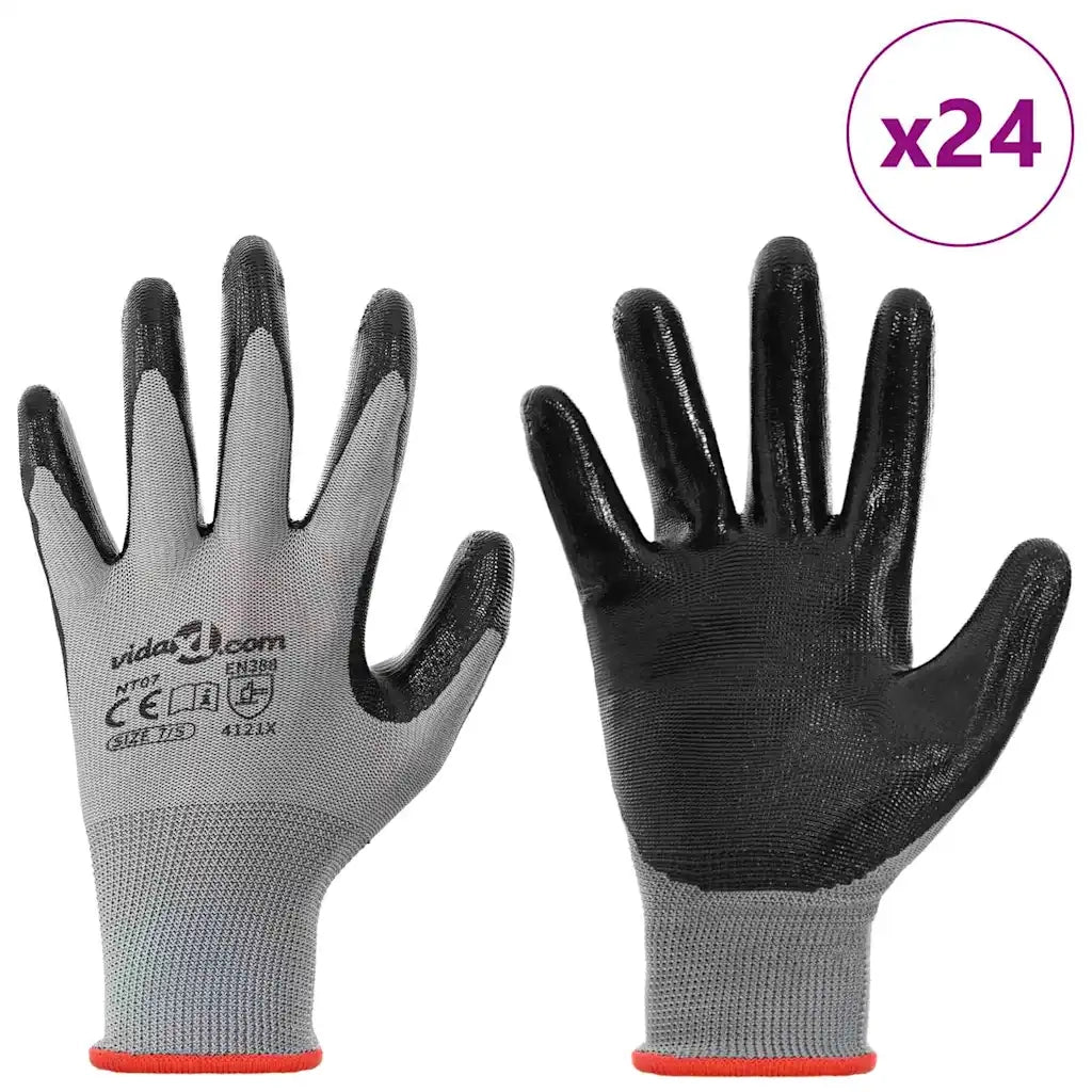 Guanti da Lavoro 24 pcs Grigio e Nero 7 / S Poliestere 42020701