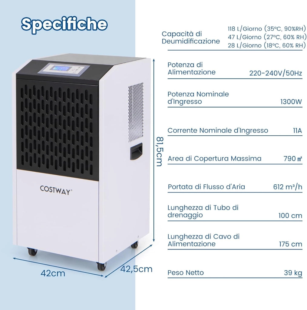 118L Deumidificatore Commerciale con Tubo di Scarico, Deumidificatore Industriale con Timer 24H e 4 Ruote, per Scantinati Magazzini e Grandi Spazi Fino a 790㎡