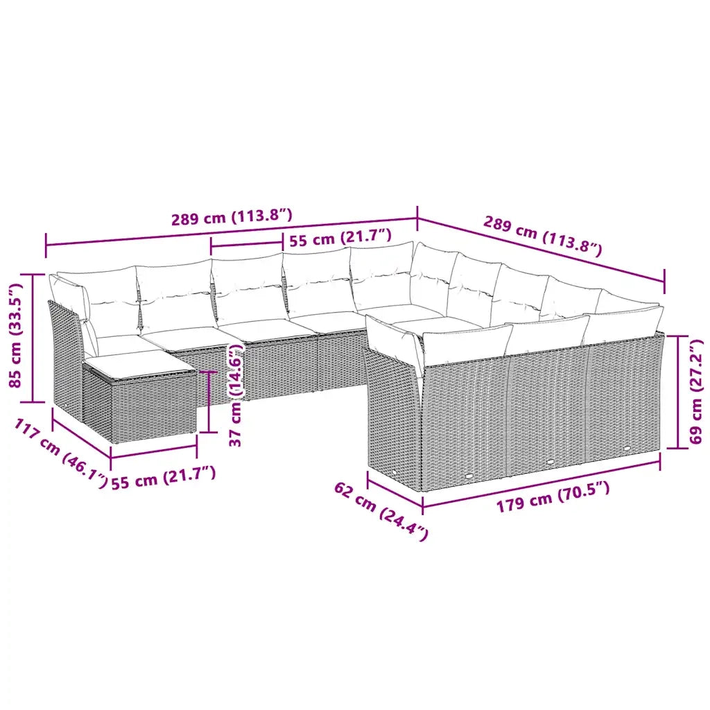 Set Divano Giardino 12 pz con Cuscini Grigio Chiaro Polyrattan