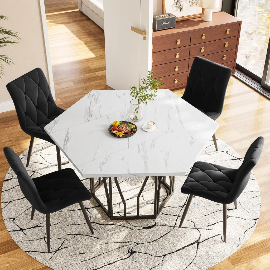 Set Tavolo da Pranzo Esagonale e 4 Sedie in Velluto ¨C Xylo ¨C Effetto Marmo, Nero