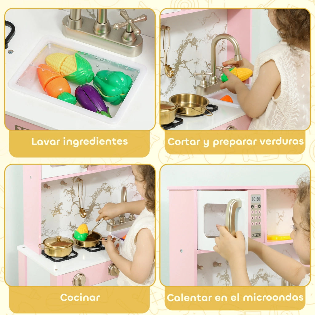 Cucina Giocattolo in Legno con Accessori Acciaio Inossidabile e Suono ¨C Minimal ¨C Rosa