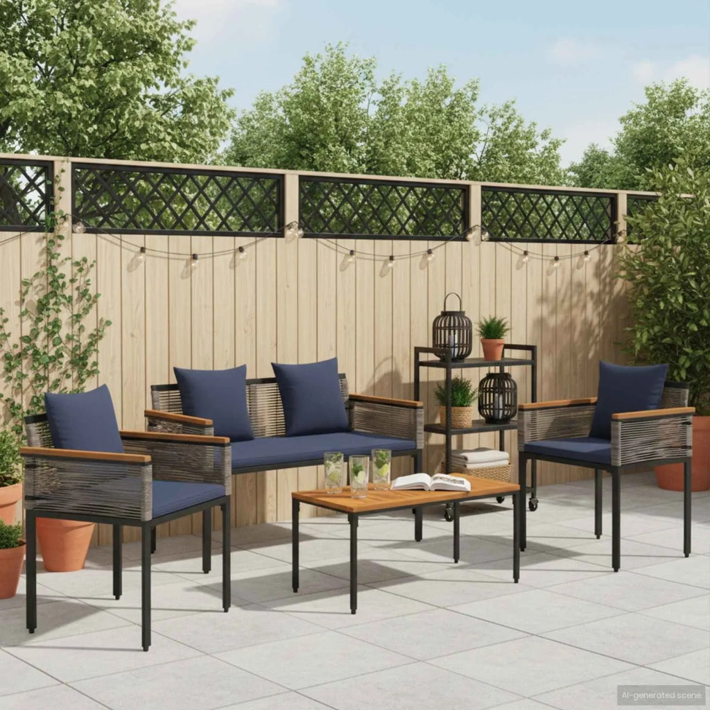 Set di Mobili da Esterno 4 pcs Grigio e Blu Navy Rattan in PE