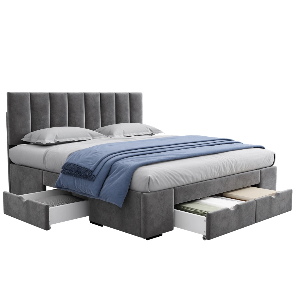Letto imbottito 160x200 cm in velluto grigio con rete a doghe e 4 cassetti