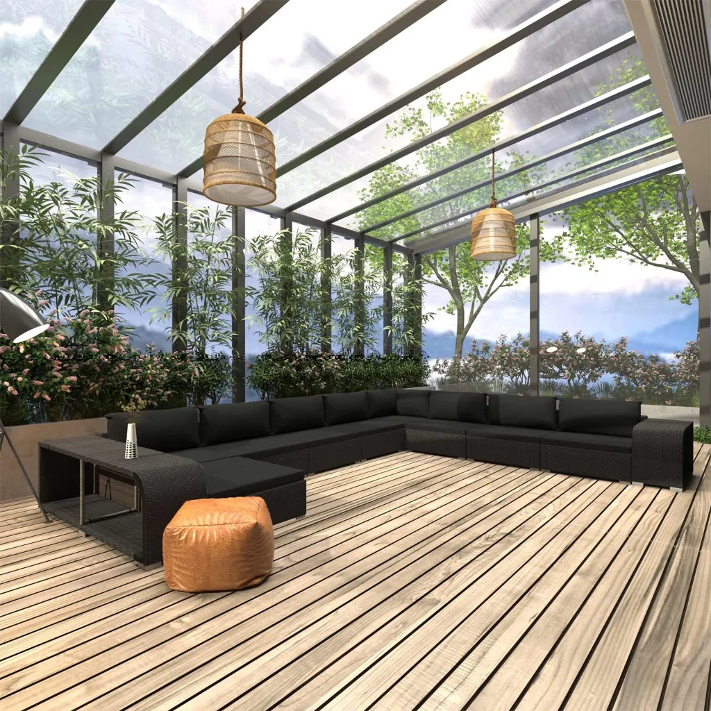 Set Divani da Giardino 11 pz con Cuscini in Polyrattan Nero 46829