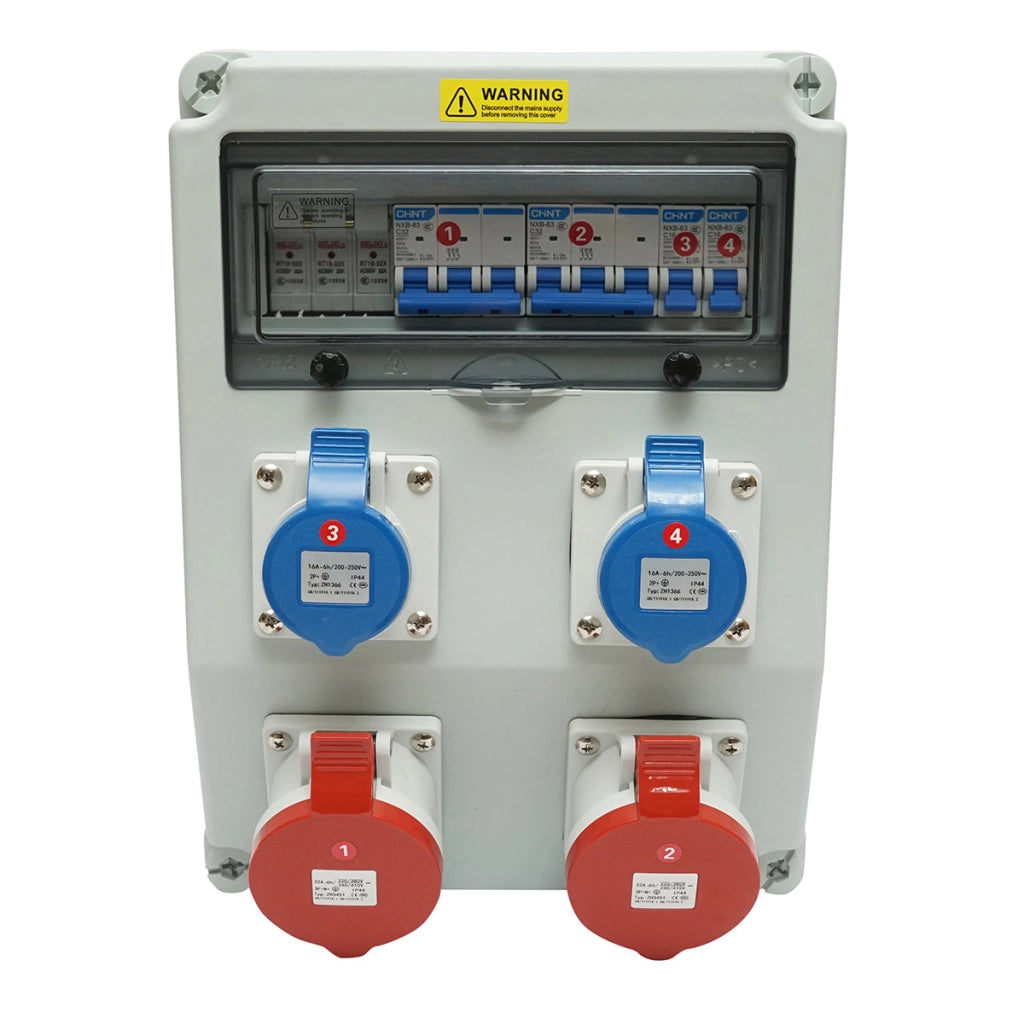 Pannello gruppo prese per organizzazione cantiere 2x250V/16A, 2x415V/32A, 380x280x150mm IP44/IP67 SUNTREE