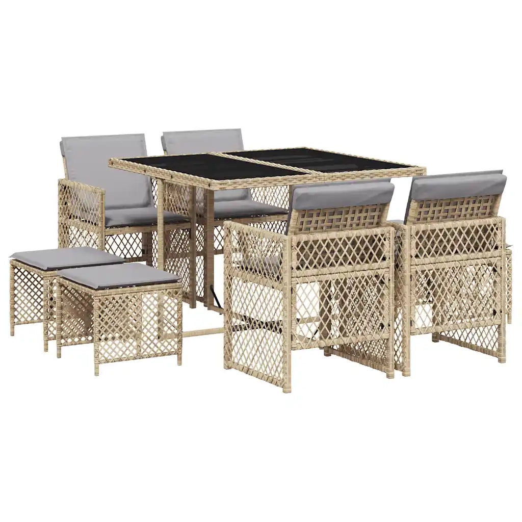 Set da Pranzo da Giardino 9 pz con Cuscini Beige in Polyrattan 3210780