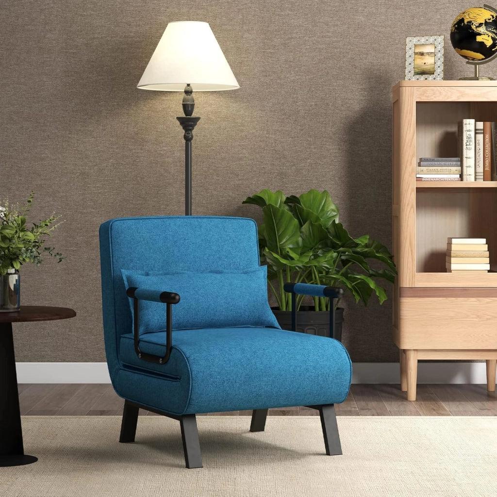 Poltrona Letto, 4 in 1 Poltroncina Pieghevole con Schienale Regolabile in 6 Posizioni, Sedile Imbottito Robusto, Divano Letto Singolo per Casa Ufficio, 79x65x79 cm (Blu)