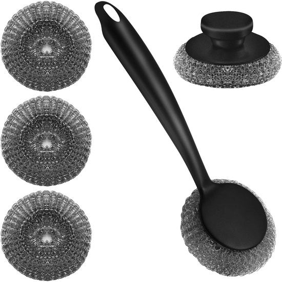 Strumento per pulire con manubrio - Palla di cotone in acciaio inossidabile - Manubrio comodo - Reutilizzabile - Pulizia efficiente - Pulitore
