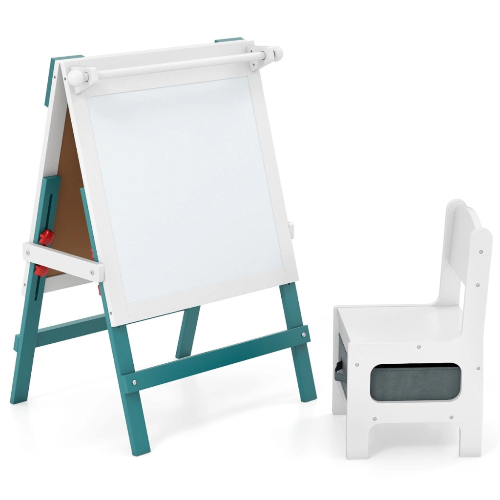 Cavalletto artistico doppia faccia per bambini con sedia contenitore, Cavalletto da disegno regolabile in altezza Verde-Cavalletti e lavagne bambini