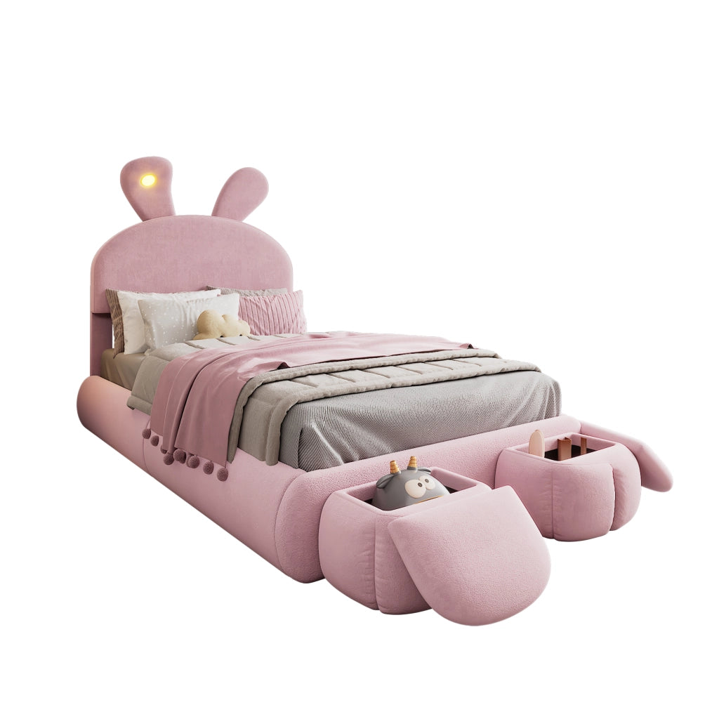 Bunny Kids Bed;90x200 cm;with adjustable LED lights;stools;pink velvet