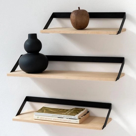 Set di 3 Pannelli Flottanti Fatti di Metallo e Finitura in Legno Reale | Decorazione per Parete con Pannelli di Stoccaggio e Pannello per Salotto, Cucina, Camera