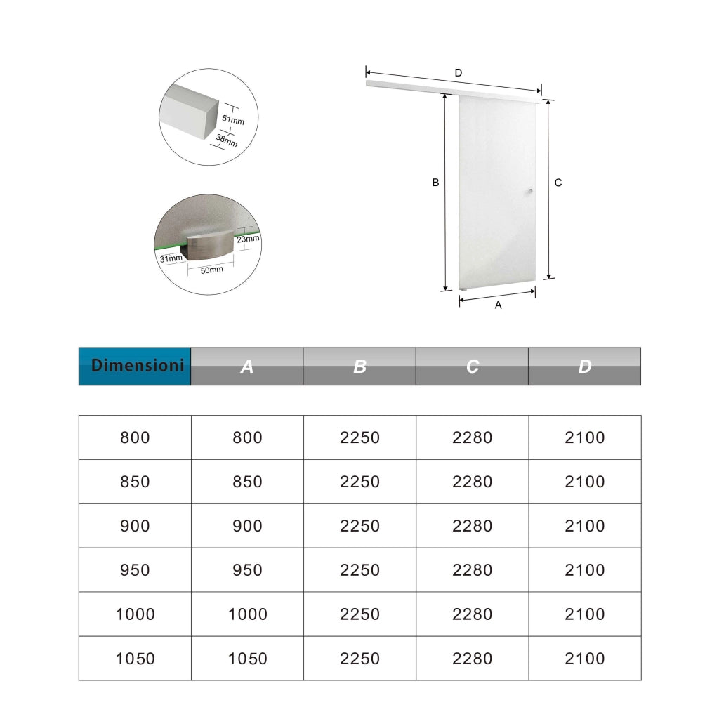 105x225 cm Porta Scorrevole in Vetro da 8 mm Temperato Opaco con Pellicola Anti-frantumi con Binario in Alluminio Bianco Verniciato