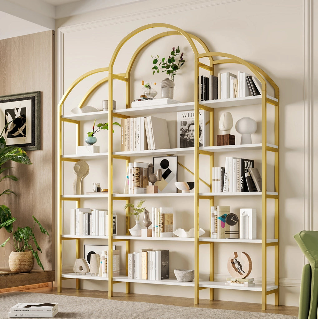 Scaffale a 5 ripiani in metallo e MDF, stile essenziale, oro e bianco