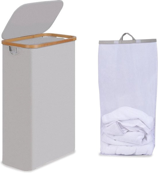 Cestello per giardino - 75 litri - colore grigio chiaro - con maniglie in bambù