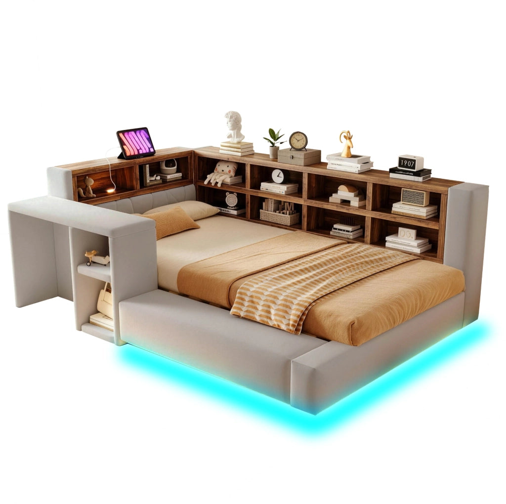 LETTO imbottito 90x200 cm Grigio chiaro con vani contenitore, LED e prese