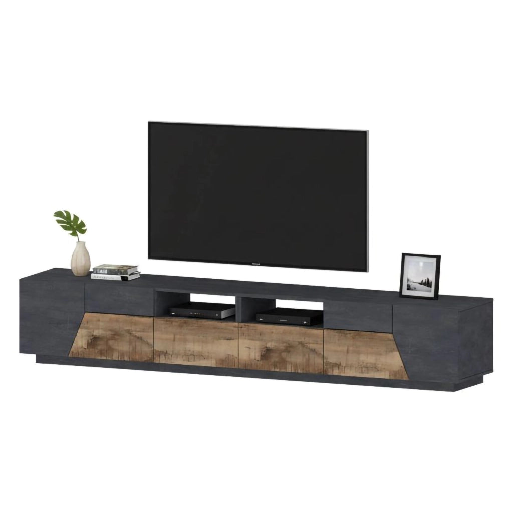 Mobile da soggiorno Porta Asdrubale, Made in Italy, Credenza per Asdrubale da salotto a 4 ante geometriche e 2 cassetti, Cm 260x43h46, Ardesia e Acero