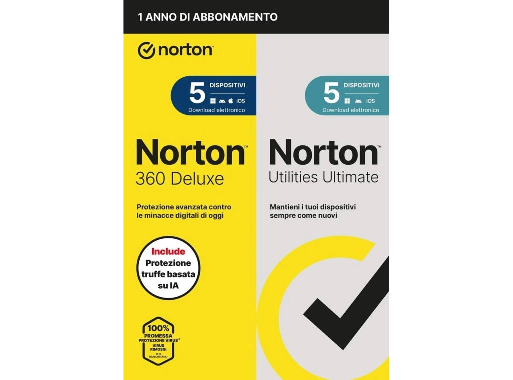 Antivirus Norton 360 Deluxe 2026 con Utilities Ultimate - 5 Dispositivi 12 Mesi - 50GB Cloud PC Mac Android