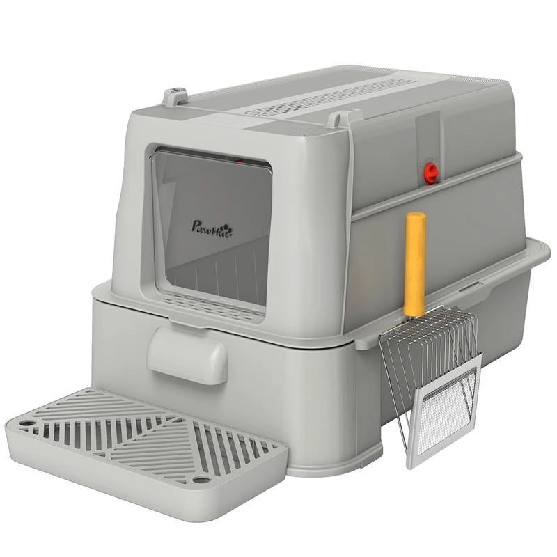 LETTIERA PER GATTI CHIUSA DA 80L CON VASSOIO ESTRAIBILE, IN ABS E ACCIAIO INOX, 63X43X43 CM, GRIGIO CHIARO