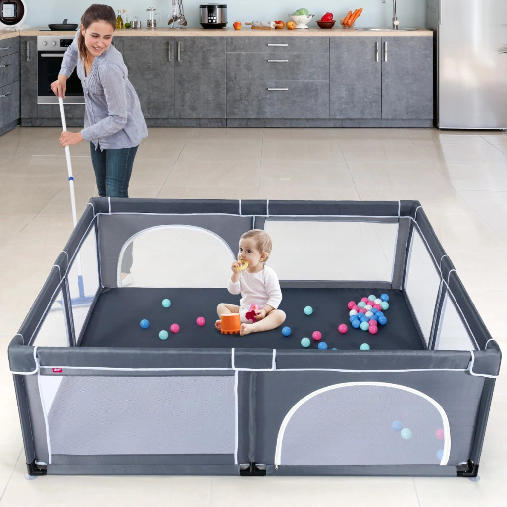 Box per bambini con cancelli di sicurezza per interno, Centro attivit¨¤ portatile 206x185,5x68cm Grigio scuro
