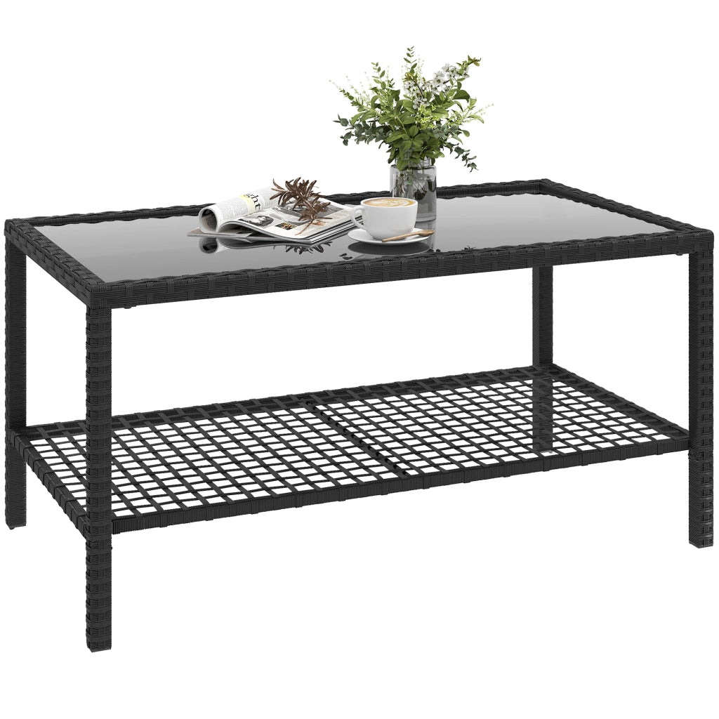 Tavolino da giardino in rattan con piano in vetro e struttura in acciaio ¨C Minimal ¨C Nero 92x50x45 cm