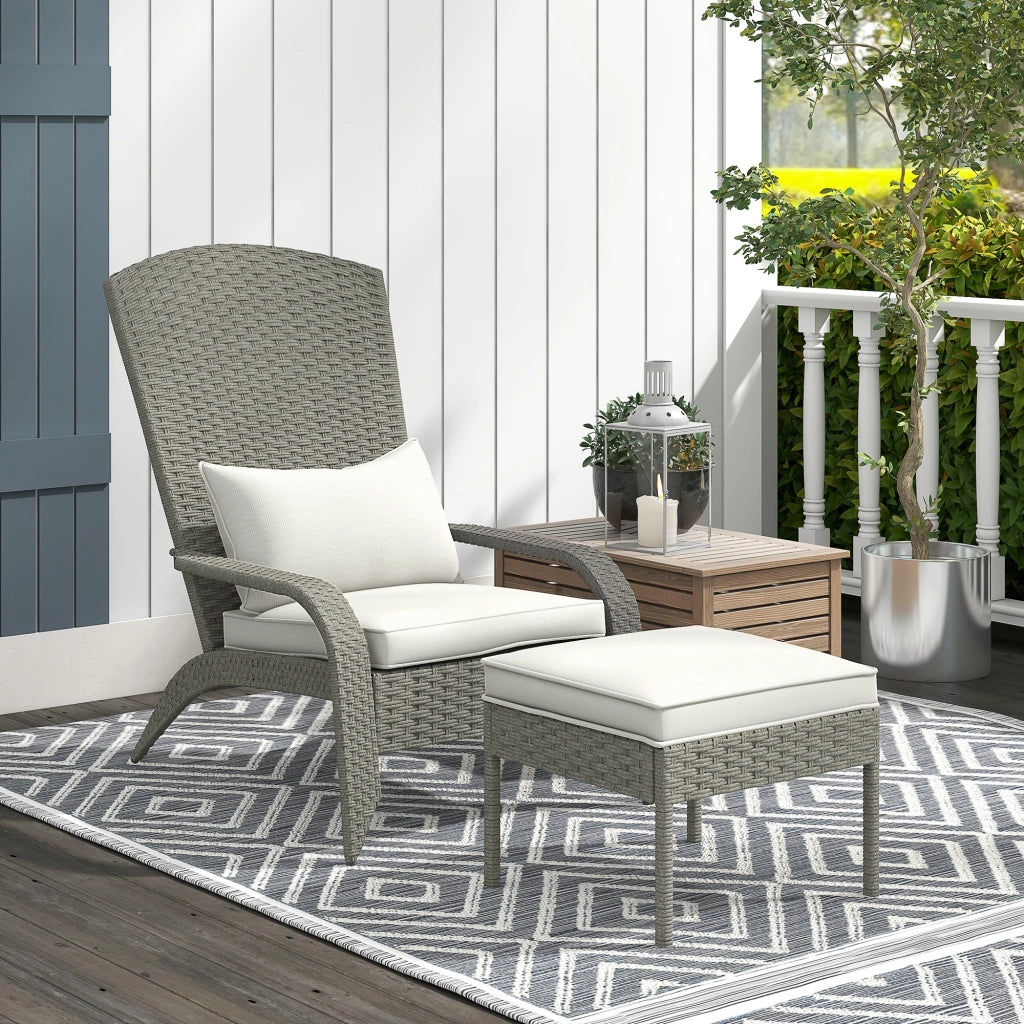 Sedia da Giardino con Poggiapiedi e Cuscini ¨C Minimal ¨C Rattan e Acciaio, Grigio e Crema, 64x82x89 cm