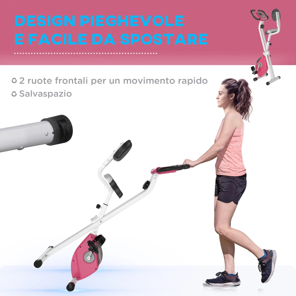 Cyclette Pieghevole da Fitness in Acciaio, Cyclette Magnetica Pieghevole da Casa con Altezza Regolabile, Resistenza Magnetica a 8 Livelli, Schermo LCD, 43x97x109cm, Rosa