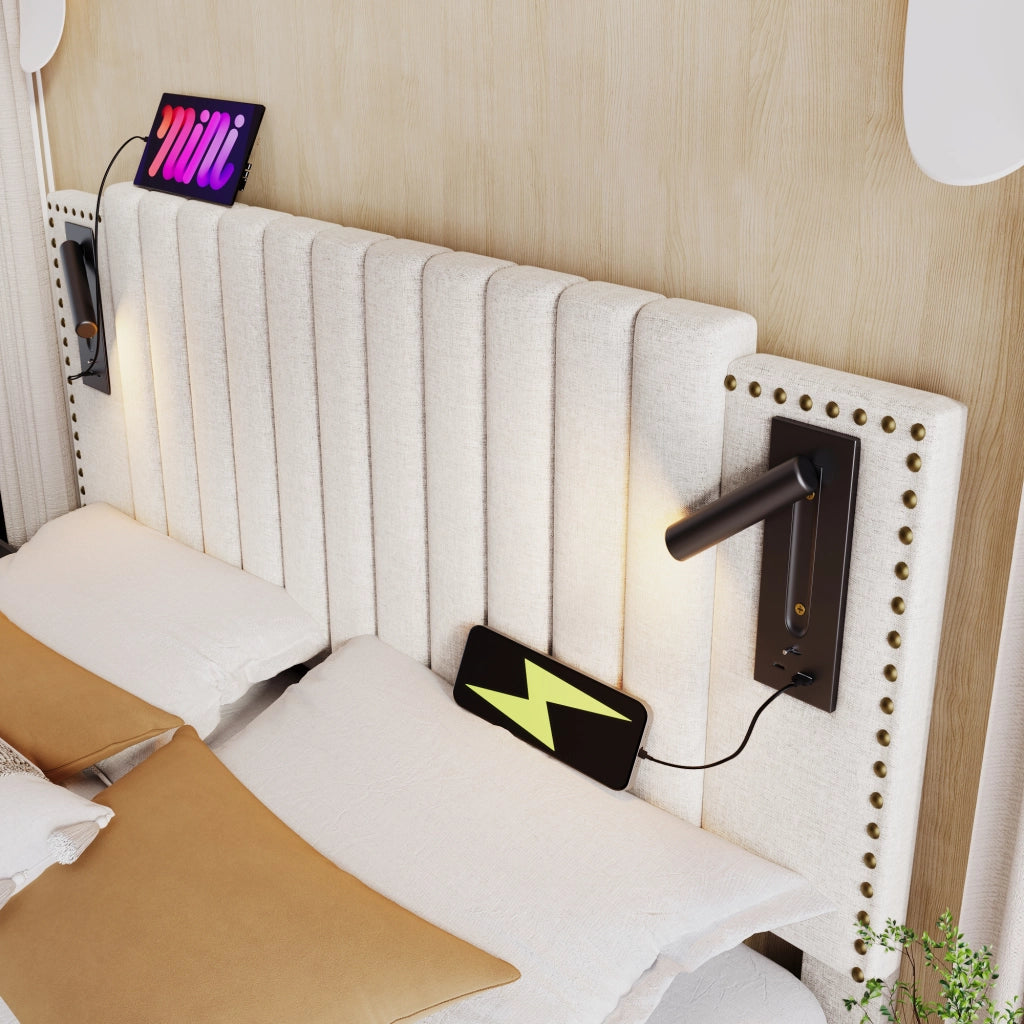 Letto matrimoniale – 140x200 cm – luce USB borchie rete – cotone beige
