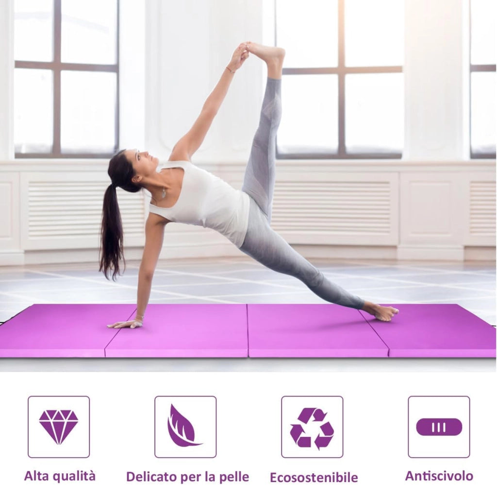 Tappettino da Ginnastica Pieghevole 240 x 116 x 5 cm, Tappetto Palestra da Terra con Maniglie Portatile, Materassino da Allenamento per Fitness e Yoga (Viola)