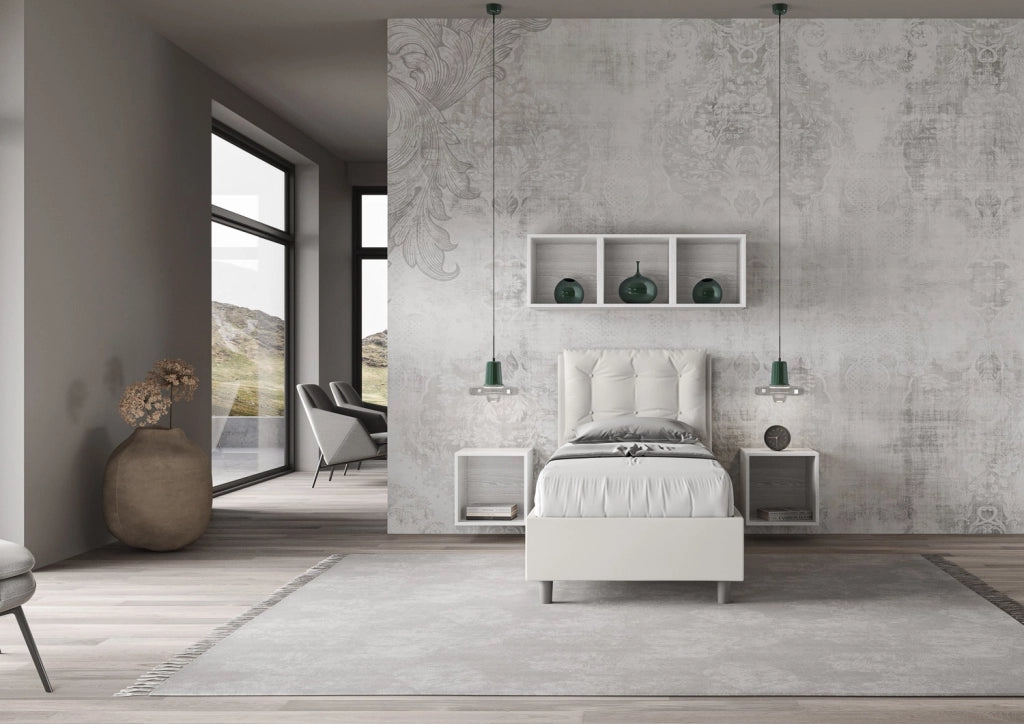 BS COM Letto singolo contenitore imbottito 80x190 similpelle bianco
