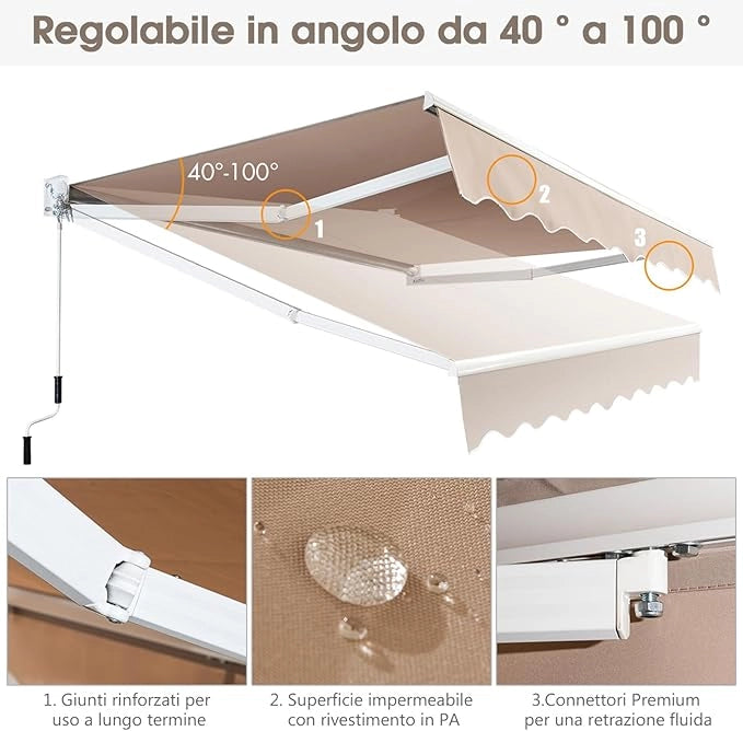 Tenda da Sole per Esterno Avvolgibile, Tenda da Sole a Bracci Estensibili con Telaio in Alluminio e Tettuccio Resistente al Sole e Impermeabile e Manovella (Beige, 245 x 200 cm)