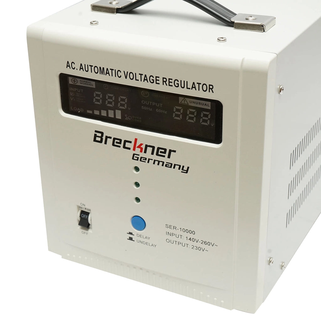 Stabilizzatore di tensione automatico 10000VA con relè monofase, 2 prese schuko 230V, display LCD Breckner Germany
