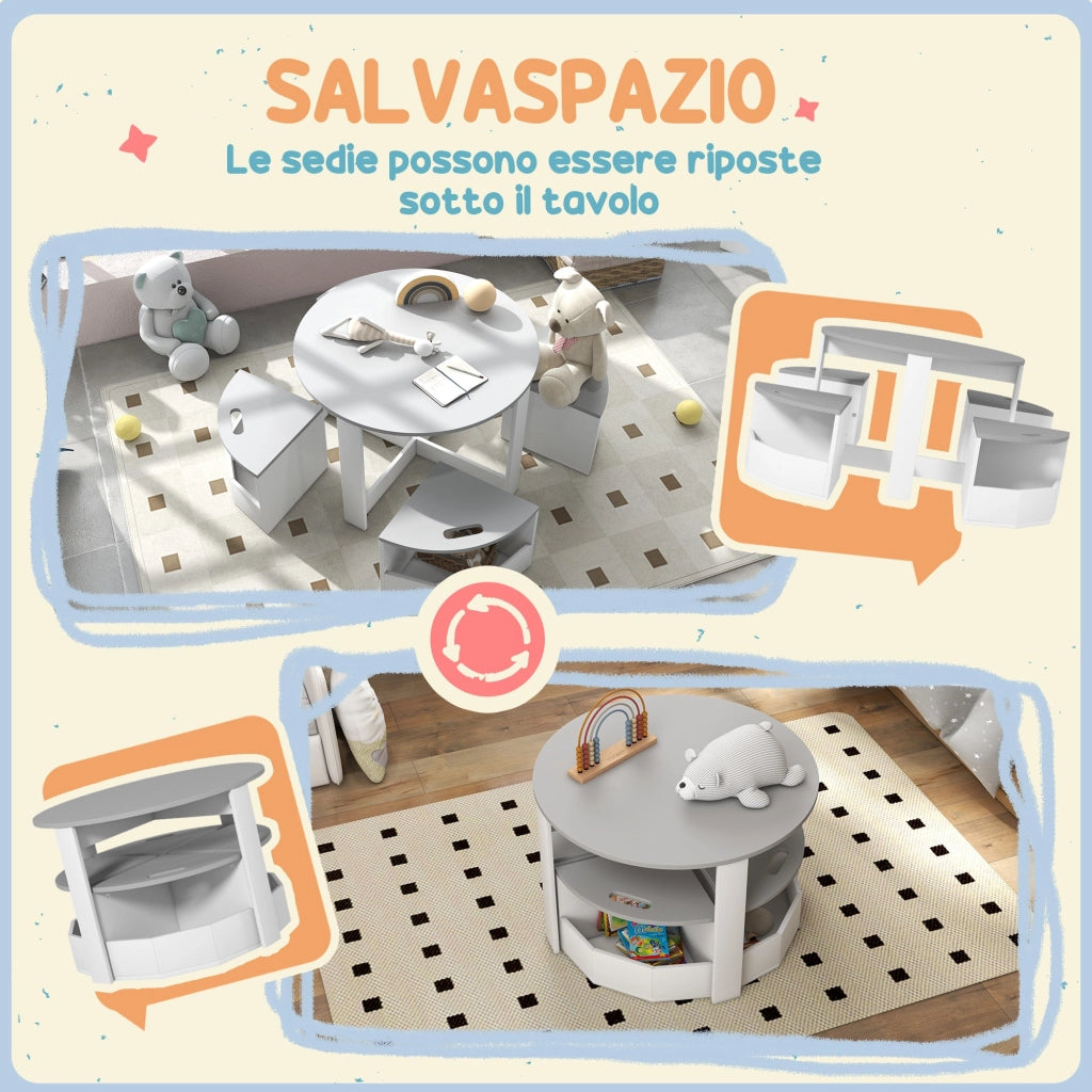 Set Tavolo con 4 Sgabelli Salvaspazio con Vano Contenitore in Legno Grigio