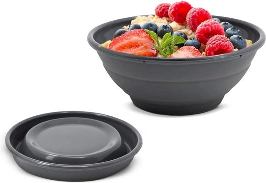 Kom siliconico pieghevole, 16 cm, grigio, contenitore pieghevole per conservazione, servizio e freschezza, contenitore per cereali e granola per cucina e campeggio