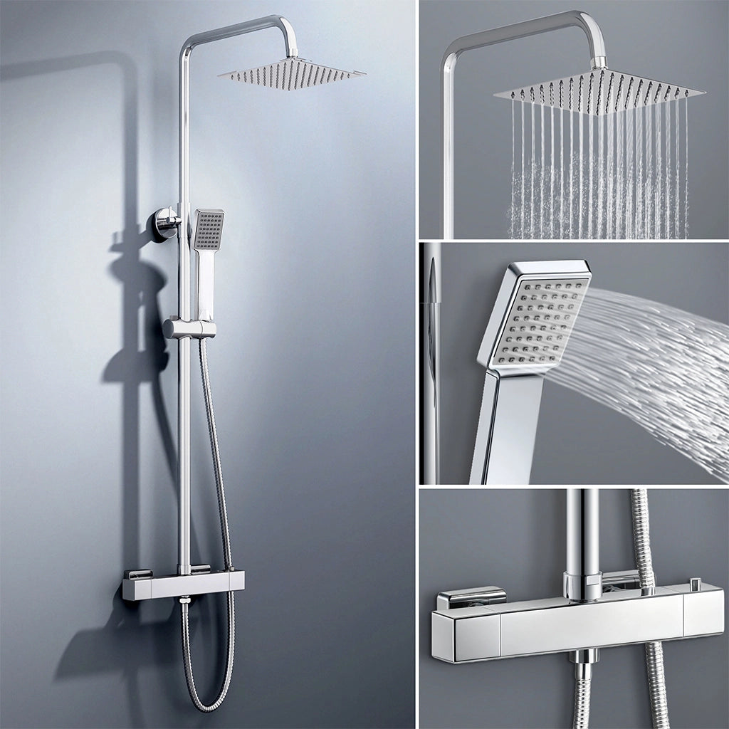 colonna doccia rotonda completo di miscelatore termostatico rettangolo, soffione quadrato 20x20cm, cromo