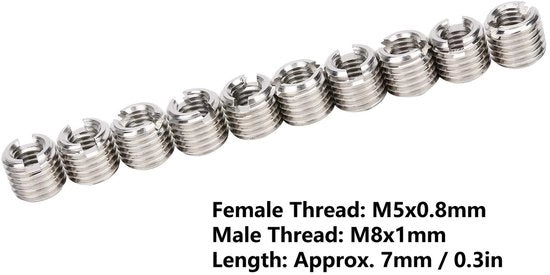 Strumento di riparazione a filo - Kit da 10 pezzi - Filo interno M5x0,8mm - Filo esterno M8x1mm - Acciaio inossidabile - Progetto antiscivolo - Bocchetta a vite