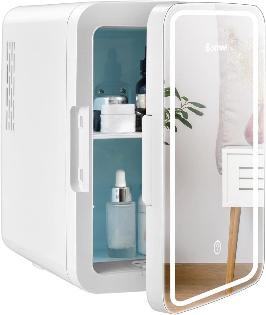10 L Mini Frigo Portatile 220 V AC/12 V DC con Specchio LED per Prodotti di Bellezza, Bevande, Frigo Termostatico e Riscaldamento per Auto, 23 x 28 x 34 cm