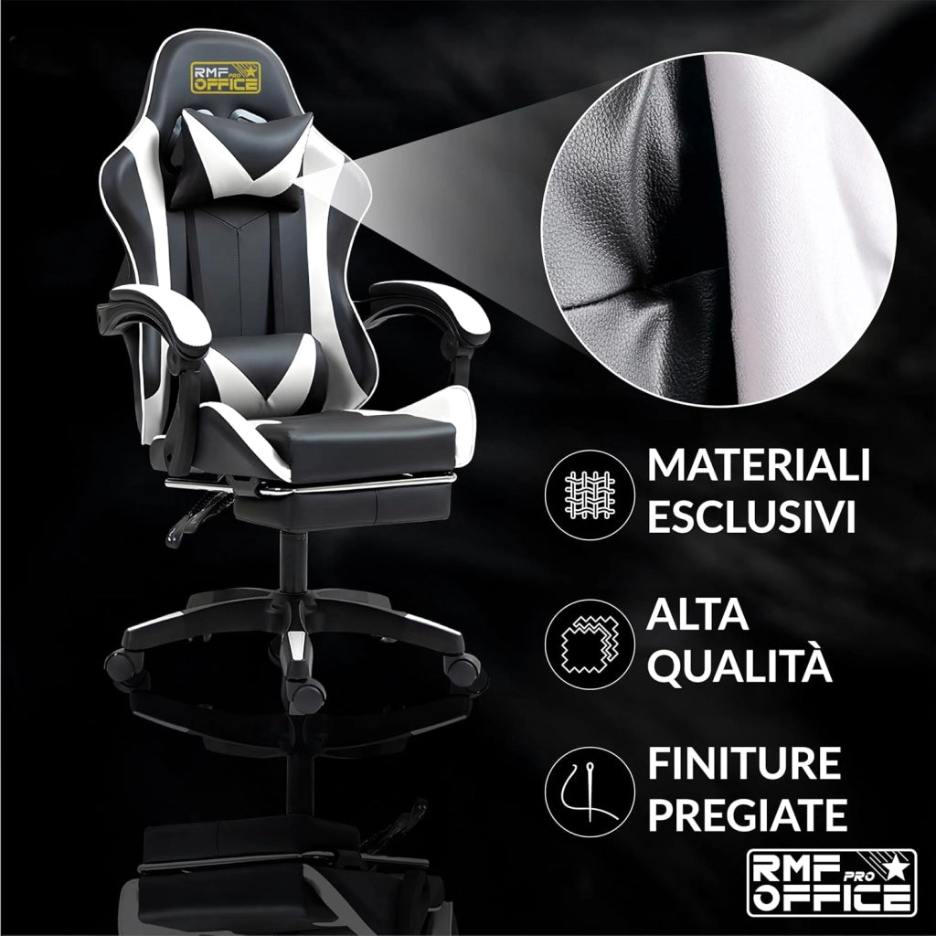 RMF Sedia Gaming Professionale Ergonomica Reclinabile, Poltrona Gaming Seduta Comoda e Rilassante con Poggiapiedi - Sedia per Gamer con Ruote Girevoli, Altezza Regolabile (Bianca-Nero)