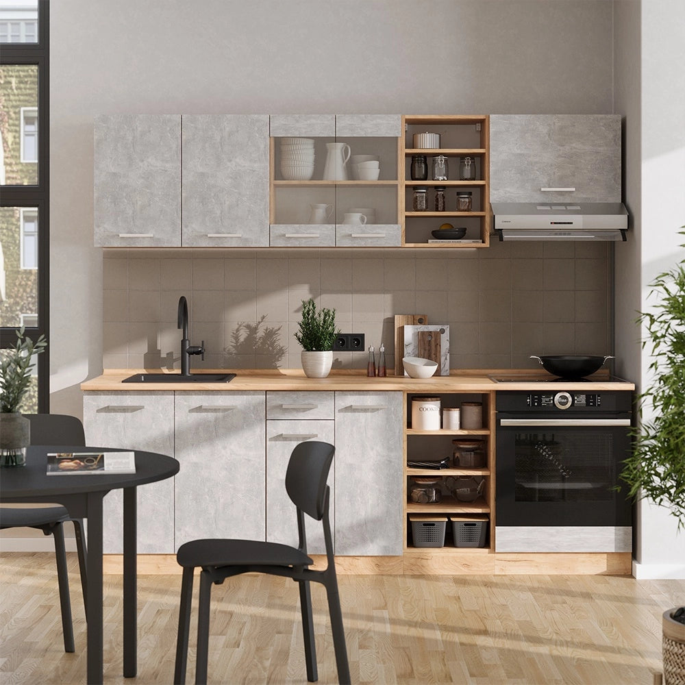 Cucina componibile R-Line Calcestruzzo/Rovere dorato 240 cm, PL Marmo Vicco