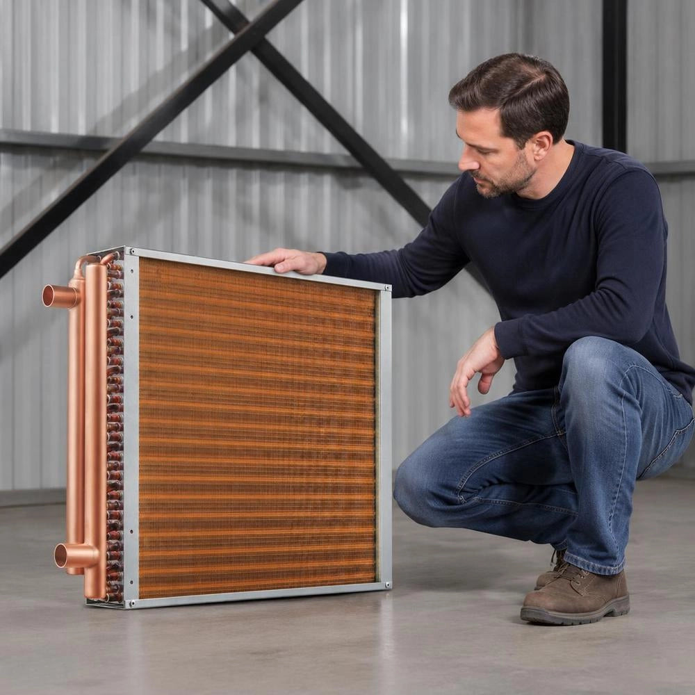 Water-to-air Heat Exchanger, 45.72 X 50.8 Cm With 3 Rows Of 9.53 Mm Copper Connections, 242 Aluminum Fins. Heat Exchanger For Wood Stoves, Heating And Cooling In Living Areas And Warm Air Heating.