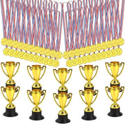 Set di Trofei da 50 pezzi - 10 x Trofei d'Oro - 40 x Medaglie Vincenti - Materiale Plastico - Feste di Compleanno dei Bambini - Premi Sportivi - Riconoscimenti